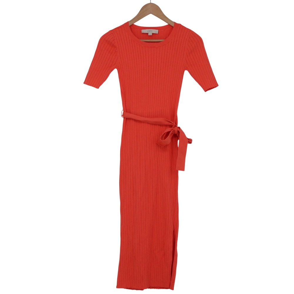 LOFT Dress Womens XSP Ribbed Knit Midi Orange Short Sleeve Belted Excellent